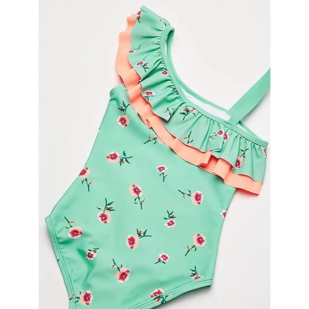 Kanu Surf Girls' Morgan Floral Ruffle 1-Shoulder‎ 1-Piece Swimsuit, Aqua, 14